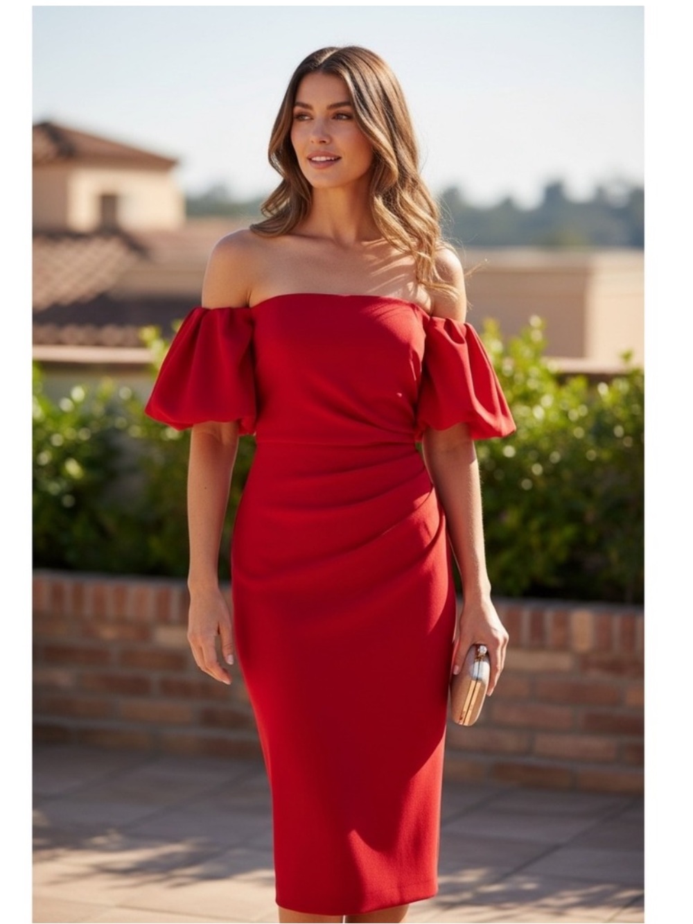 Shoshanna Janessa Red Off Shoulder Midi Dress with Flutter Sleeve Size 8